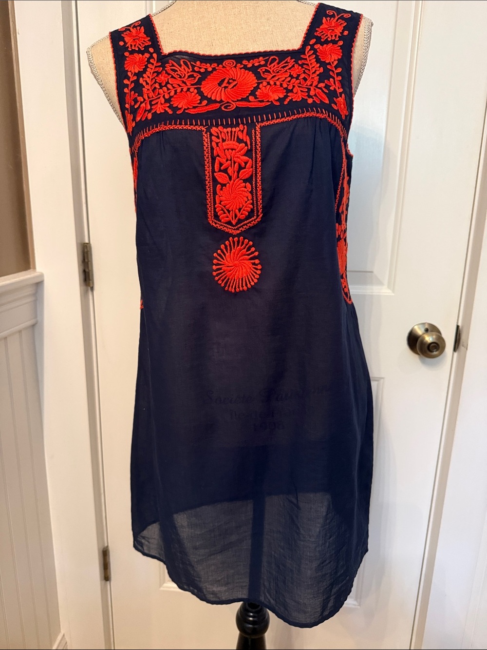TORY BURCH DRESS MINI BLUE COTTON RED FLORAL EMBROIDERY SLEEVELESS SHIFT SIZE S